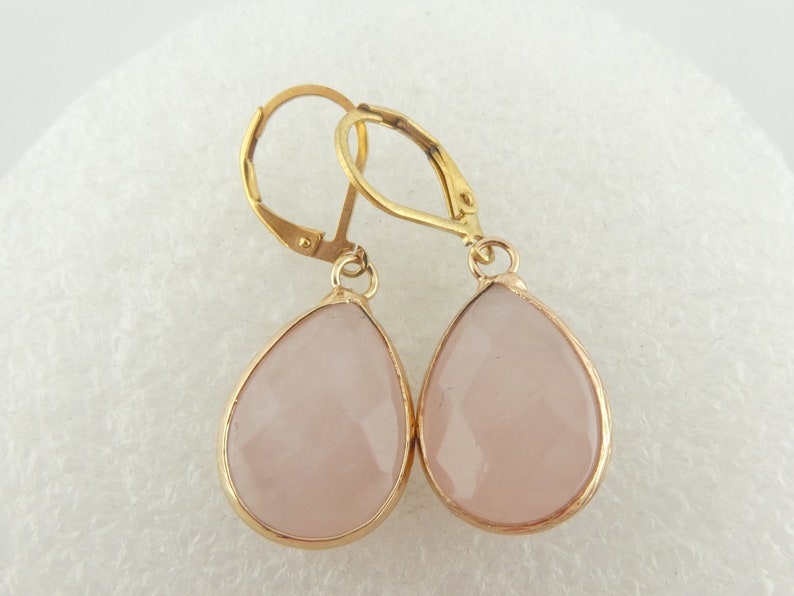 Earrings gold rose quartz stone pink drops stainless steel leverback-earwires image 8