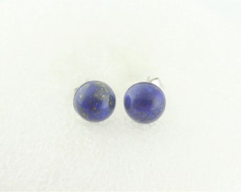 Stud earrings silver-blue lapis lazuli stone round minimalist 8mm stainless steel