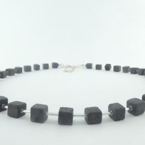 Chain necklace silver-black lava cube minimalistic 6mm,Mother&#39;s Day