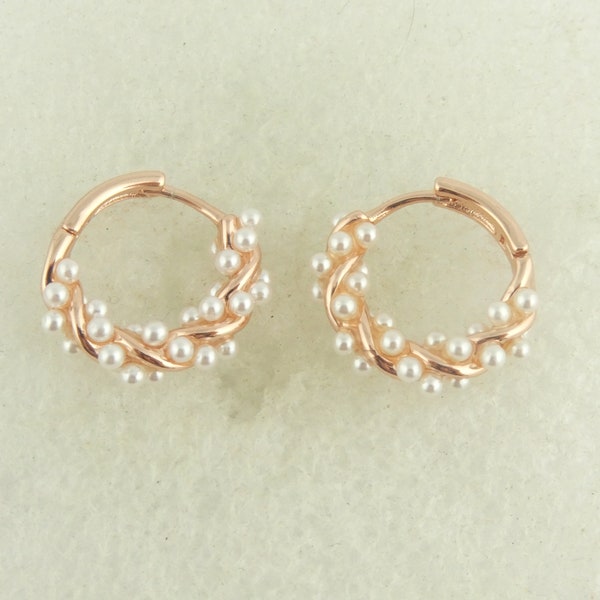 925 Sterling Silber Creolen Ohrringe Rosegold Weiss Perlen gedreht rund minimalistisch 17mm