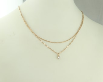 Chain Necklace Rose Gold Layered Layering Crystal Circle Multi-row Two Layer Stainless Steel