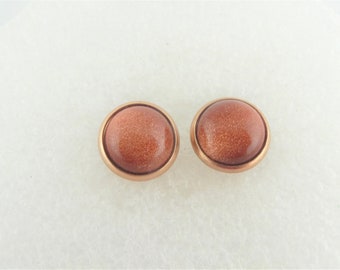 Cabochon Ohrstecker Ohrringe Rosegold-Goldfluss Goldsand Stein rund minimalistisch 10mm Edelstahl