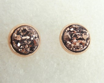 Cabochon stud earrings rose gold faux druzy round minimalistic 10mm stainless steel