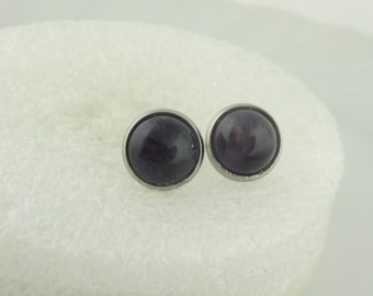 Stud earrings silver purple amethyst stone round minimalist 10 mm stainless steel
