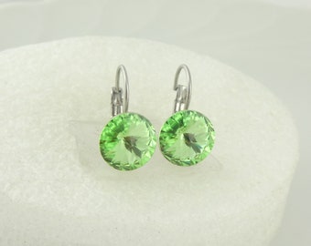 Earrings earrings silver green peridot Swarovski stone crystal round stainless steel 10 mm