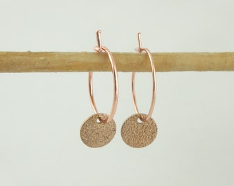 Creole earrings rose gold with pendant plate 8 mm brushed round minimalist 15 mm stainless steel
