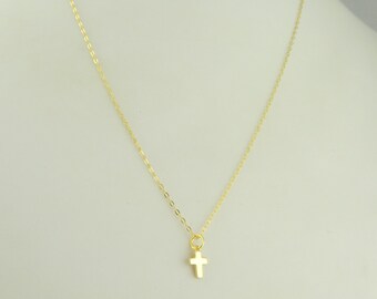 925 Sterling Silber Kette Halskette Gold mit Anhänger Kreuz mini,Geschenk