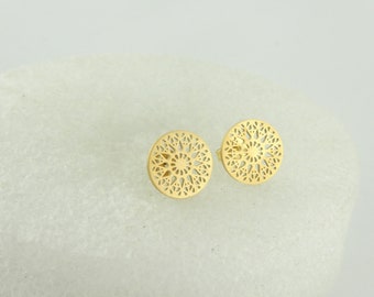 Ohrstecker Ohrringe Gold Boho Ornamente matt minimalistisch rund 10,5mm Edelstahl