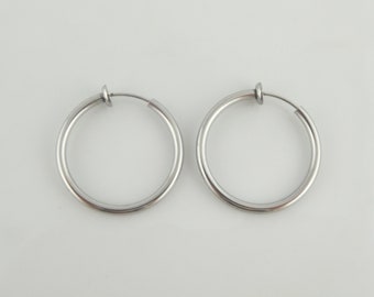 Ear Clips Hoop earrings silver round minimalist 24mm stainless steel,gift friend