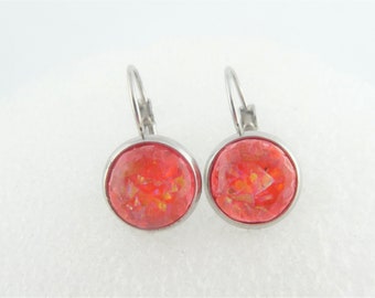 Cabochon Ohrringe Ohrhänger Silber-Rot opal rund minimalistisch 10mm Edelstahl