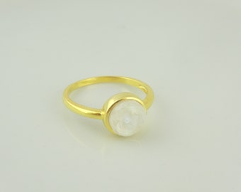 925 Sterling Silver Ring Gold White Opal Stone Round Thin Minimalist Gift