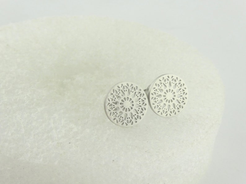 Stud earrings silver boho ornaments matt finish minimalist round 10,5mm stainless steel image 2