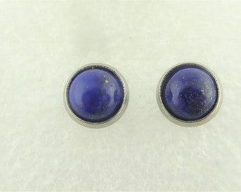 Cabochon stud earrings silver-blue lapis lazuli stone round minimalist 8mm stainless steel