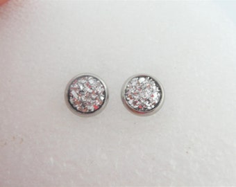 Cabochon Stud Earrings Silver Faux Druzy Round Minimalist 8mm Stainless Steel
