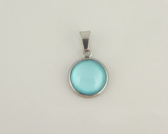 Pendant silver blue turquoise stone round mini 10 mm stainless steel