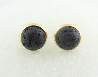 Cabochon stud earrings gold-black lava stone round 10mm stainless steel