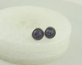 Stud earrings silver purple amethyst stone round minimalist 8 mm stainless steel
