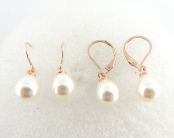 Earrings rose gold-white pearls pearl drops stainless steel leverback-earwires