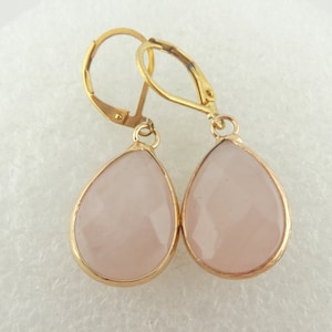 Earrings gold rose quartz stone pink drops stainless steel leverback-earwires Edelstahl Brisur