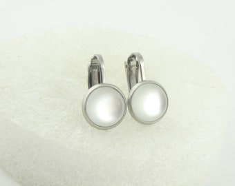 Cabochon clip earrings silver white opal round minimalist 10mm stainless steel