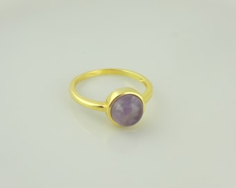 925 Sterling Silver Ring Gold Purple Amethyst Stone Round Thin Minimalist Gift