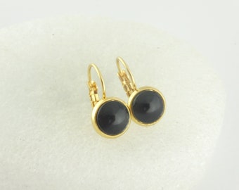 Cabochon earrings gold-black round minimalist 8mm stainless steel,gift