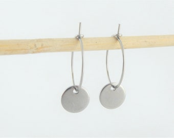 Creolen Ohrringe Silber mit Anhänger Plättchen minimalistisch 15mm Edelstahl