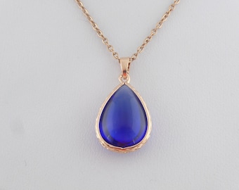 Kette Halskette Rosegold Blau mit Anhänger Tropfen Kristall Edelstahl,Hochzeitsschmuck