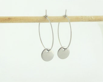 Creolen Ohrringe Silber mit Anhänger Plättchen minimalistisch 20mm Edelstahl