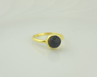 925 Sterling Silver Ring Gold Black Lava Stone Round Thin Minimalist Gift
