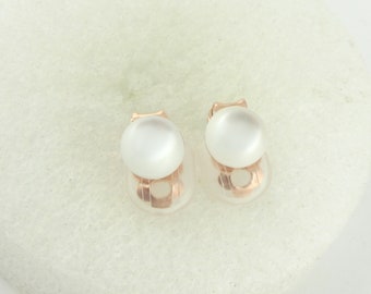 Cabochon clip earrings rose gold white opal round minimalist 10mm stainless steel