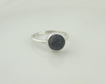 925 Sterling Silver Ring Gold Black Lava Stone Round Thin Minimalist Gift