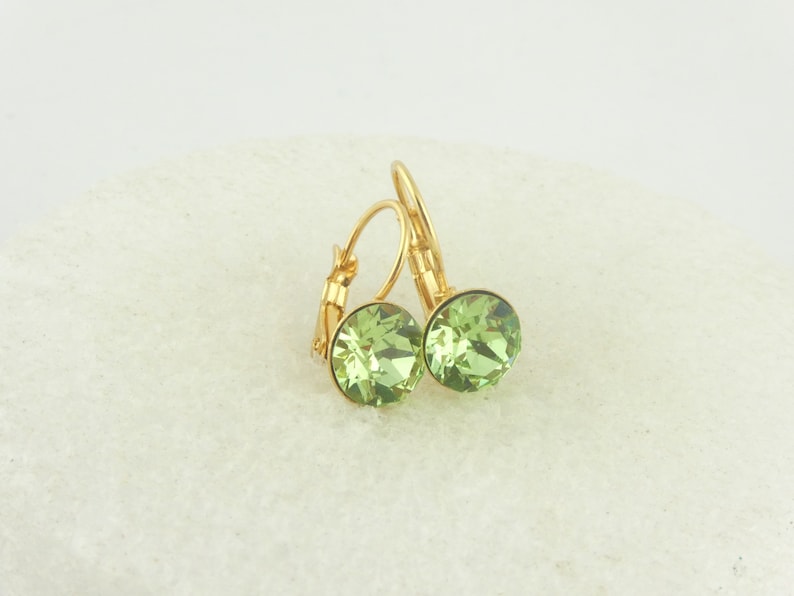 Earrings earrings gold green peridot Swarovski stone crystal round stainless steel 8 mm image 1