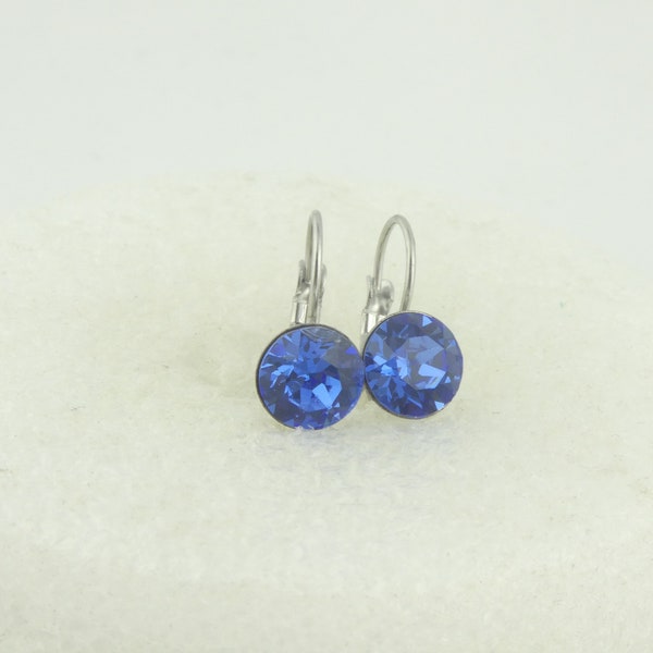 Boucles d'oreilles boucles d'oreilles argent saphir bleu pierre Swarovski cristal rond acier inoxydable 8 mm