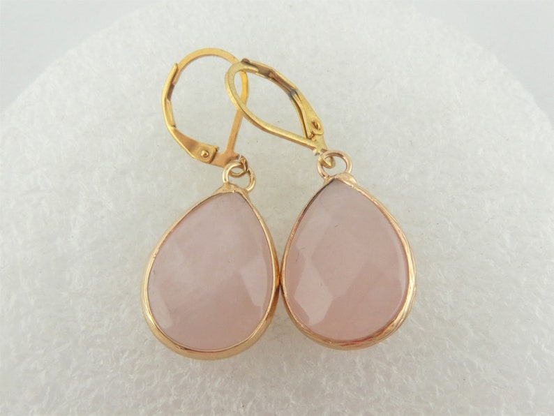 Earrings gold rose quartz stone pink drops stainless steel leverback-earwires image 7