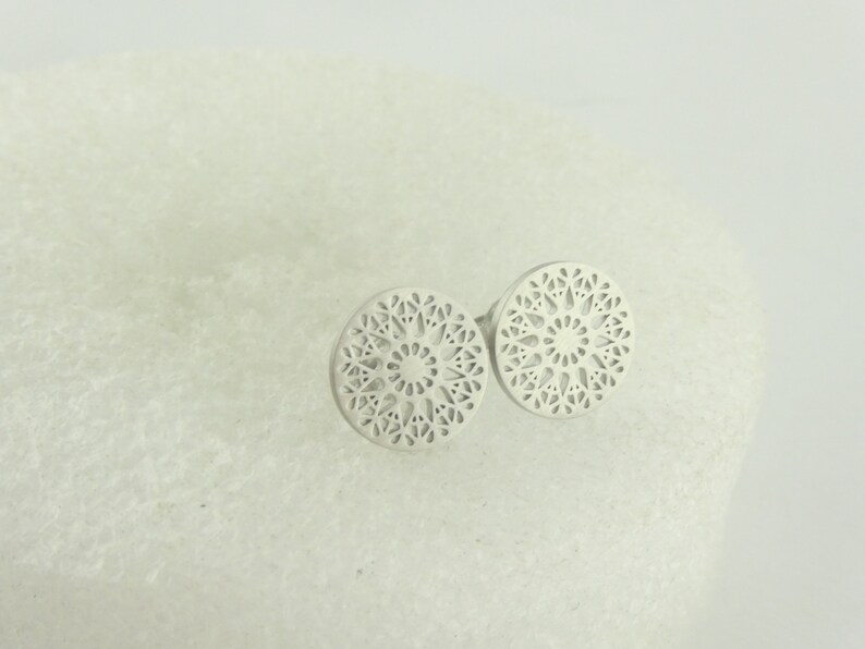 Stud earrings silver boho ornaments matt finish minimalist round 10,5mm stainless steel image 1
