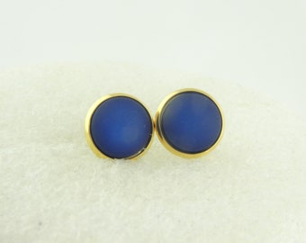 Cabochon Ohrstecker Ohrringe Gold-Blau Dunkelblau matt Polaris rund minimalistisch 10mm Edelstahl