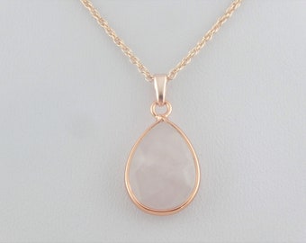 Chain necklace rose gold-pink rose quartz stone drop stainless steel,gift