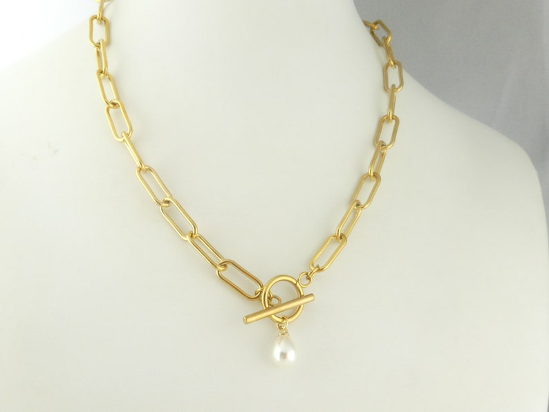 Link Chain Necklace Gold White Pearl Drop Toggle Clasp Large Linked Stainless Steel image 3