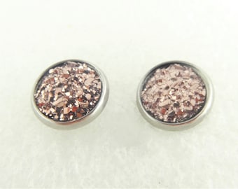 Cabochon stud earrings silver-rose gold faux druzy round minimalistic 10mm stainless steel