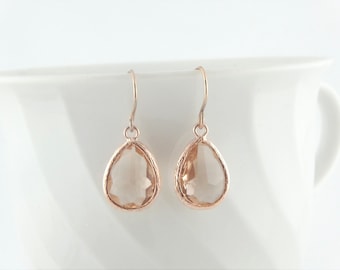 Earrings rose gold peach crystal drop stainless steel earwires