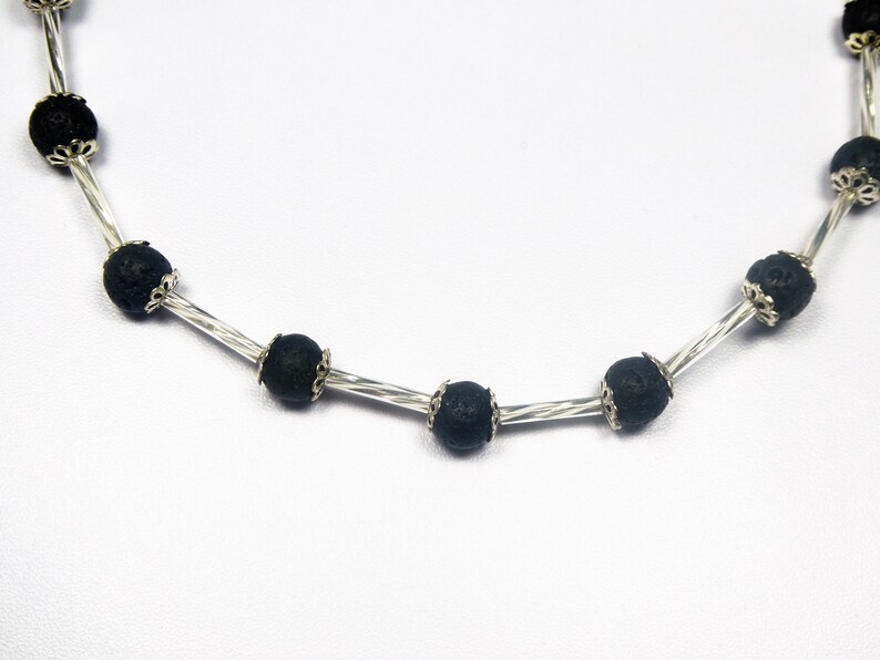 Chain necklace silver-black lava stone minimalistic 6mm,Mother's Day image 3