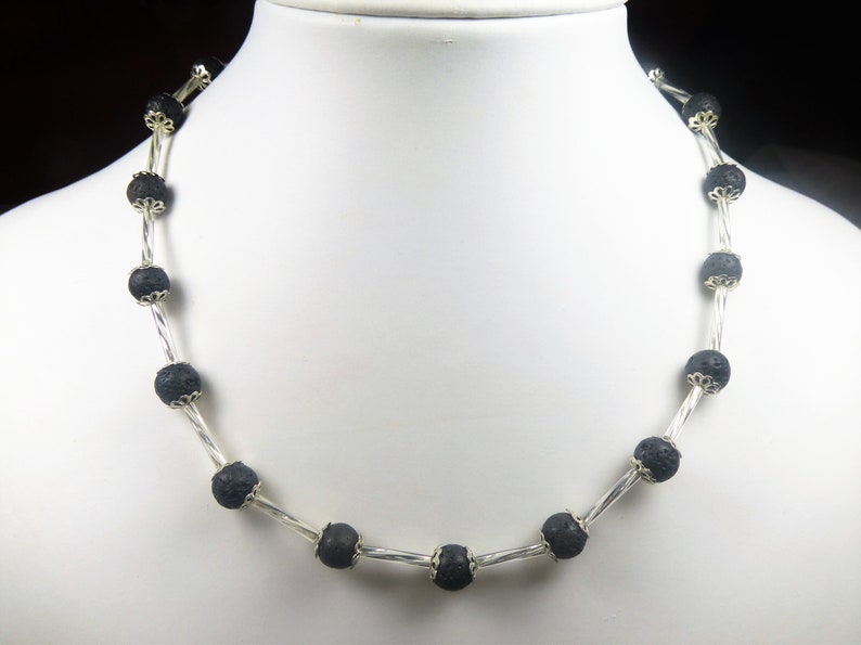 Chain necklace silver-black lava stone minimalistic 6mm,Mother's Day image 4