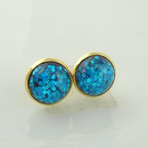 Boucles d&#39;oreilles clous or bleu turquoise 12 mm acier inoxydable