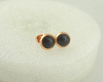 Cabochon stud earrings rose gold black round mini 6 mm stainless steel, gift