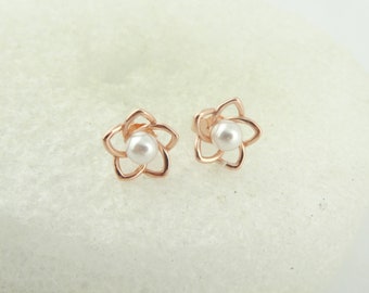 925 Stud Earrings Rose Gold White Flower Pearl Flowers Blossom minimalist 9mm