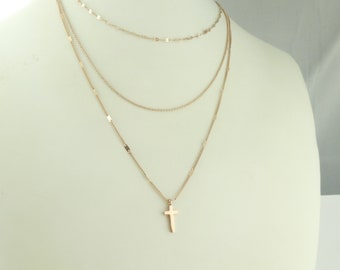 Chain Necklace Rose Gold Layered Layering Cross Balls Multi-Row Three Layer Titanium Stainless Steel