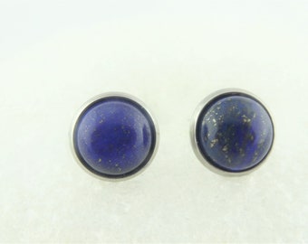 Cabochon stud earrings silver-blue lapis lazuli stone round 10mm stainless steel