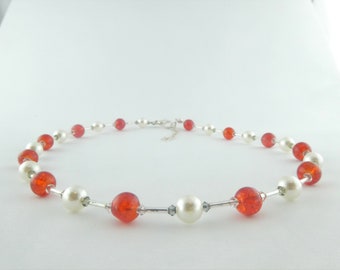 Chain necklace silver-red-white cream glass beads minimalistic 8mm,valentine's Day