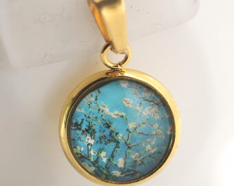 Pendant Gold Flower Blue Turquoise White 10 mm Stainless Steel